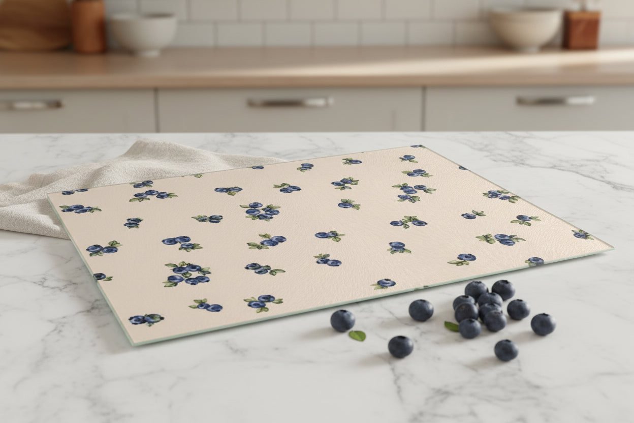 Blueberry Glass Cutting Board | Cottagecore Kitchen Decor | Floral Glass Chopping Board | Farmhouse Counter Protector