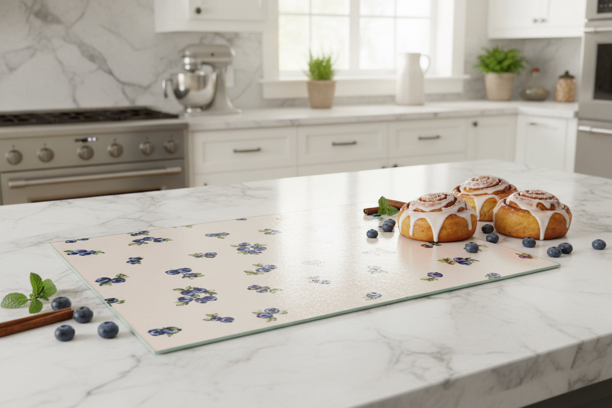 Blueberry Glass Cutting Board | Cottagecore Kitchen Decor | Floral Glass Chopping Board | Farmhouse Counter Protector