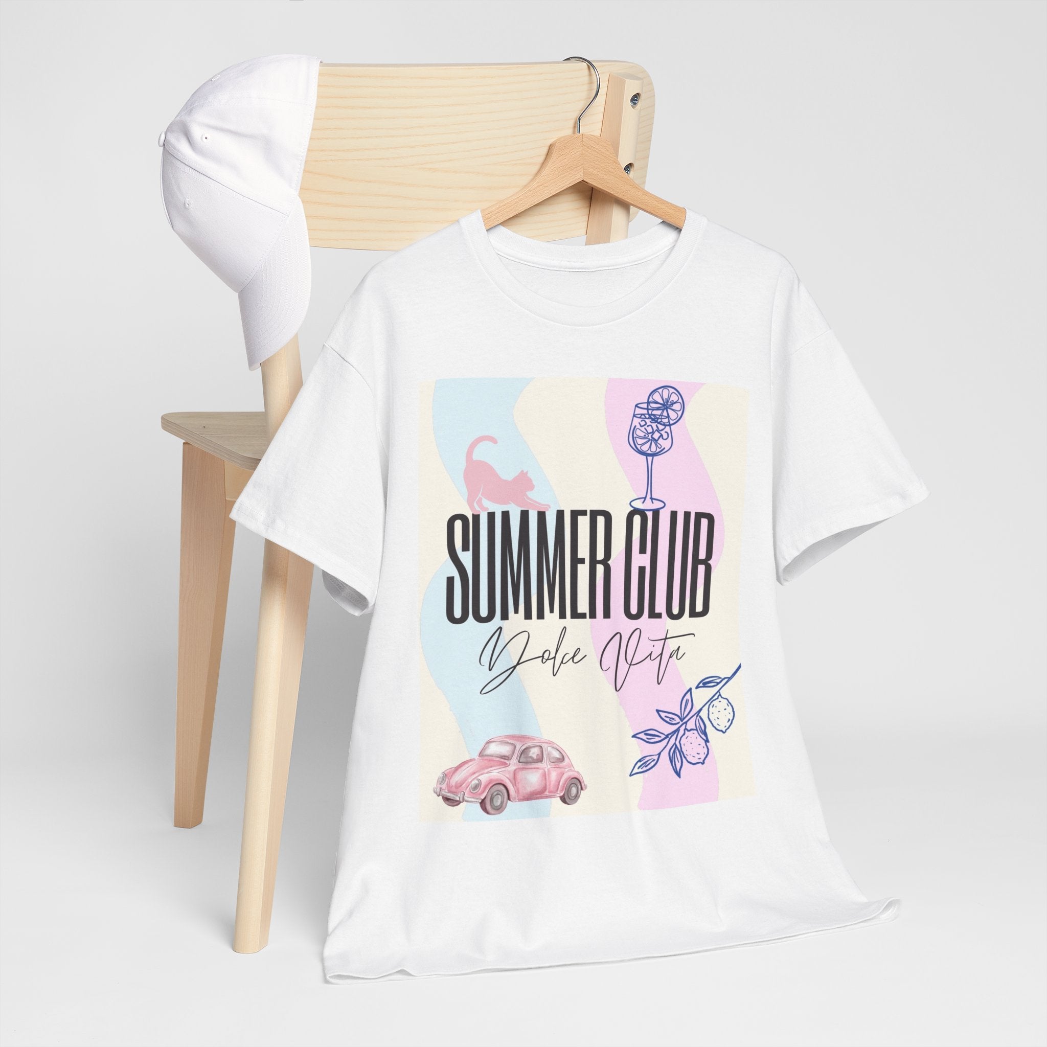 Summer Club Dolce Vita Sweatshirt – Vintage Pink Car & Lemon Graphic Crewneck, Aesthetic Cozy 
Unisex Heavy Cotton Tee