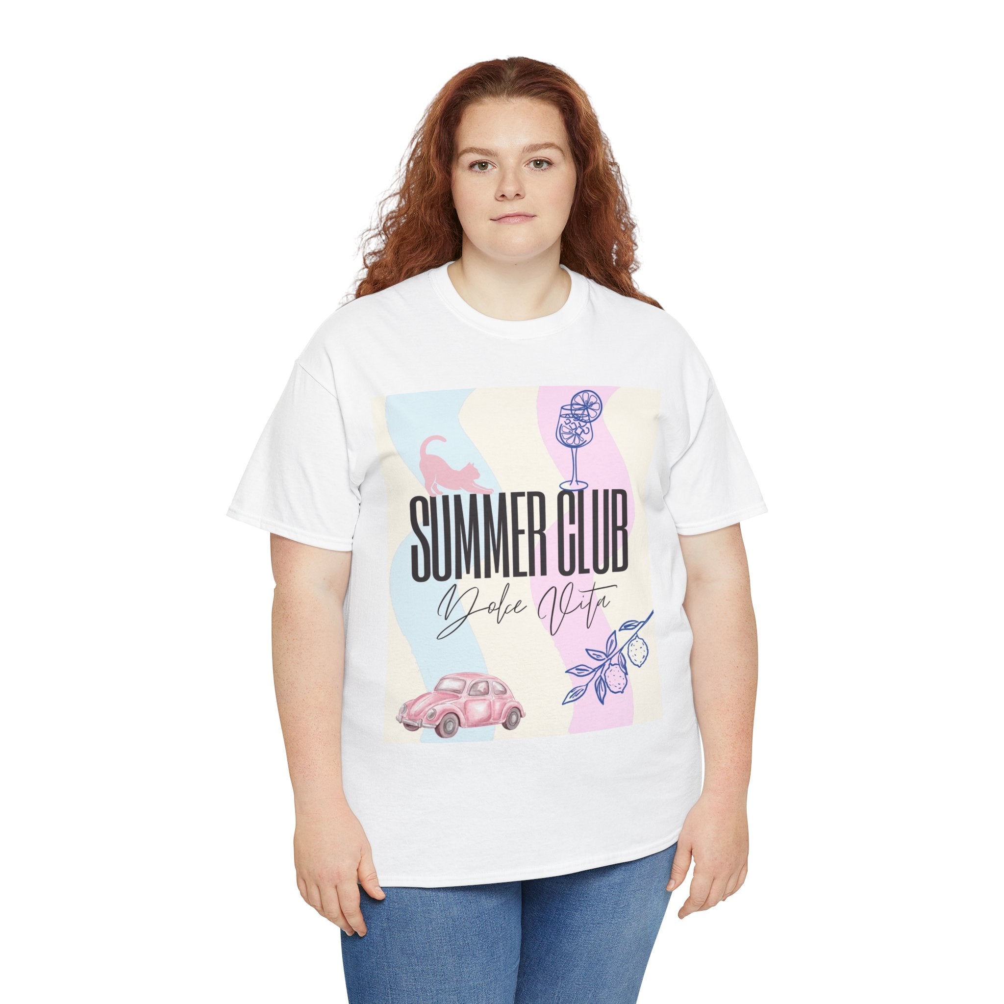 Summer Club Dolce Vita Sweatshirt – Vintage Pink Car & Lemon Graphic Crewneck, Aesthetic Cozy 
Unisex Heavy Cotton Tee