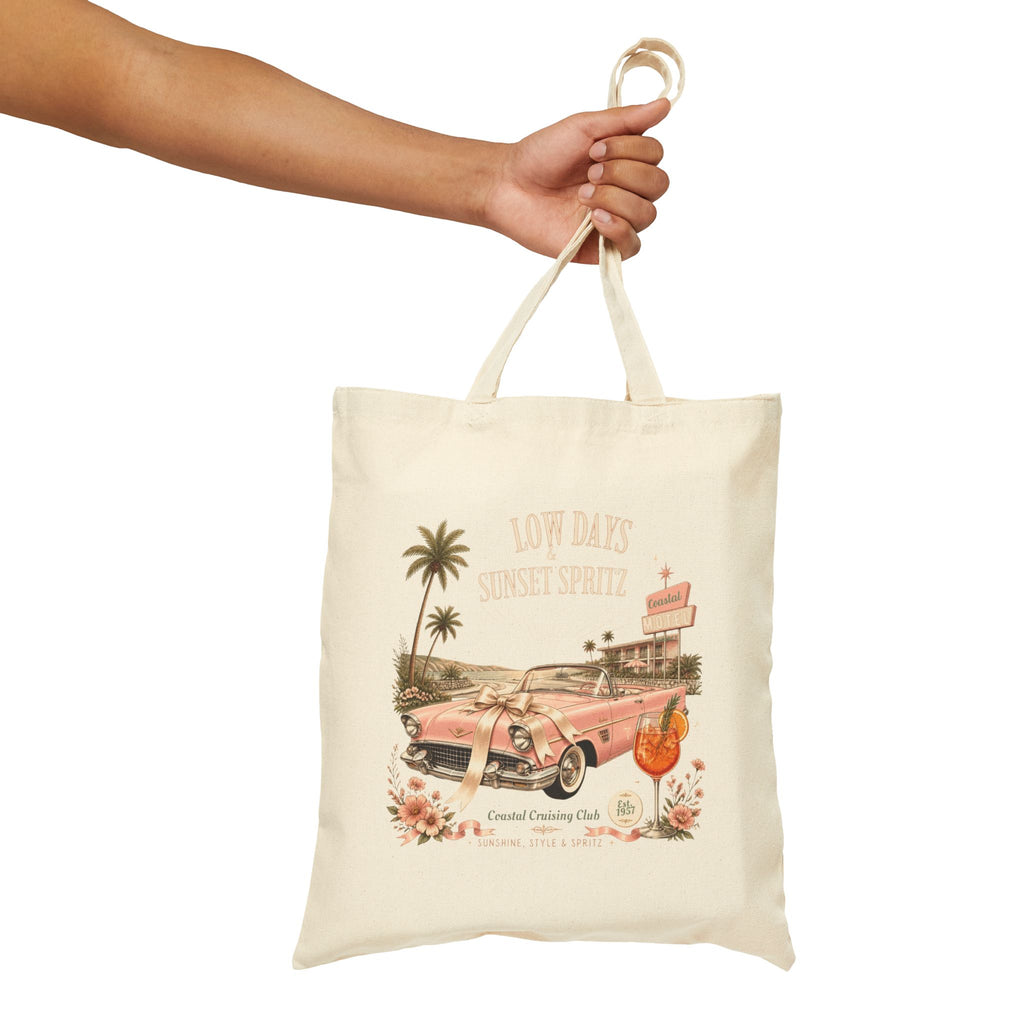 Low Days Sunset Spritz Cotton Tote Bag | Vintage Coastal Canvas Shopping Bag | Retro Beach Aesthetic Reusable Tote Gift | Cotton Canvas Tote Bag