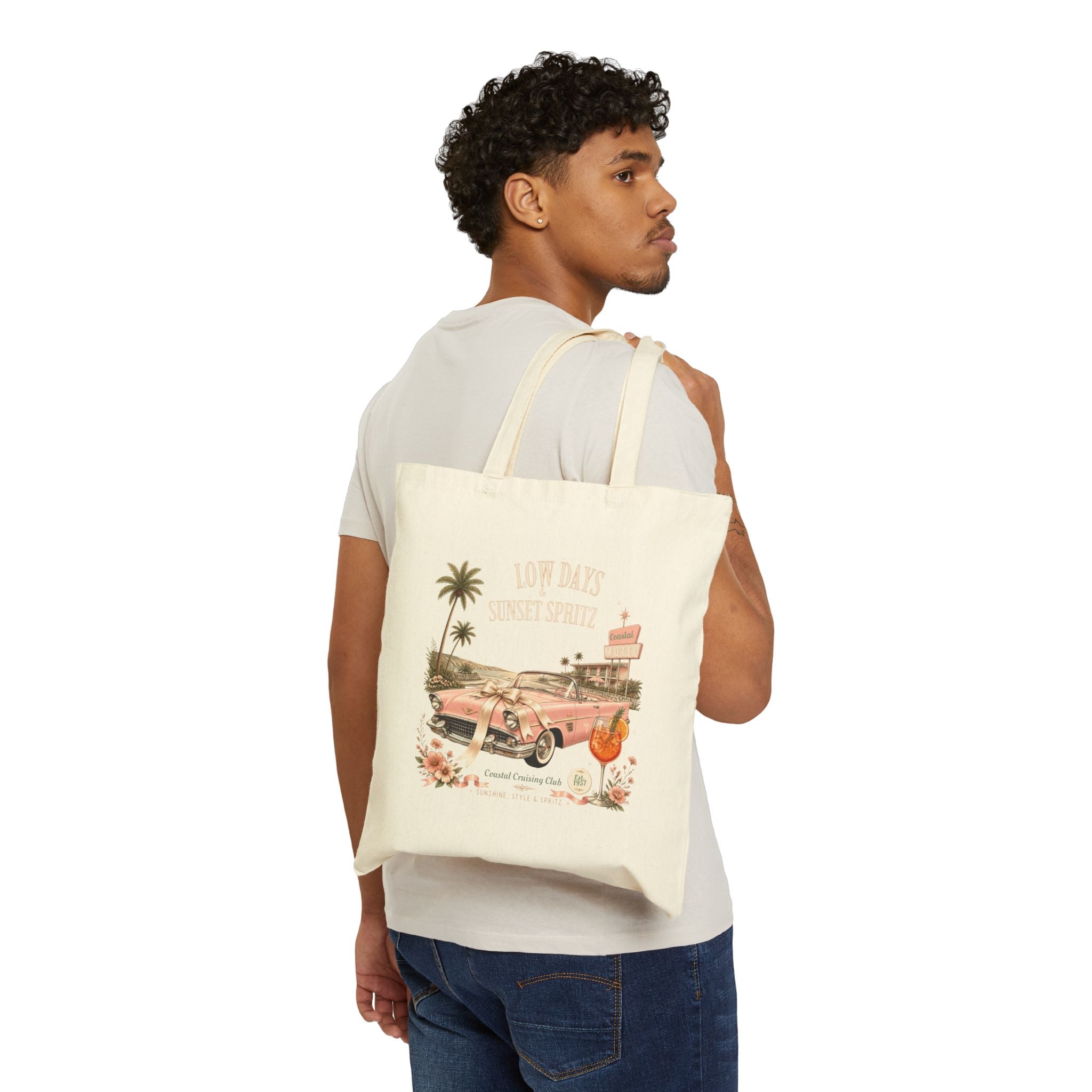 Low Days Sunset Spritz Cotton Tote Bag | Vintage Coastal Canvas Shopping Bag | Retro Beach Aesthetic Reusable Tote Gift | Cotton Canvas Tote Bag