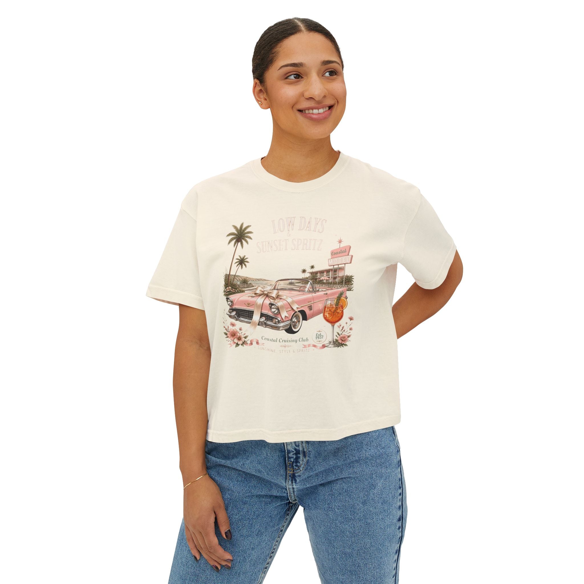 Women's Vintage Coastal Boxy Tee – Oversized Cotton T-Shirt with Retro Pink Car Graphic | Ivory
