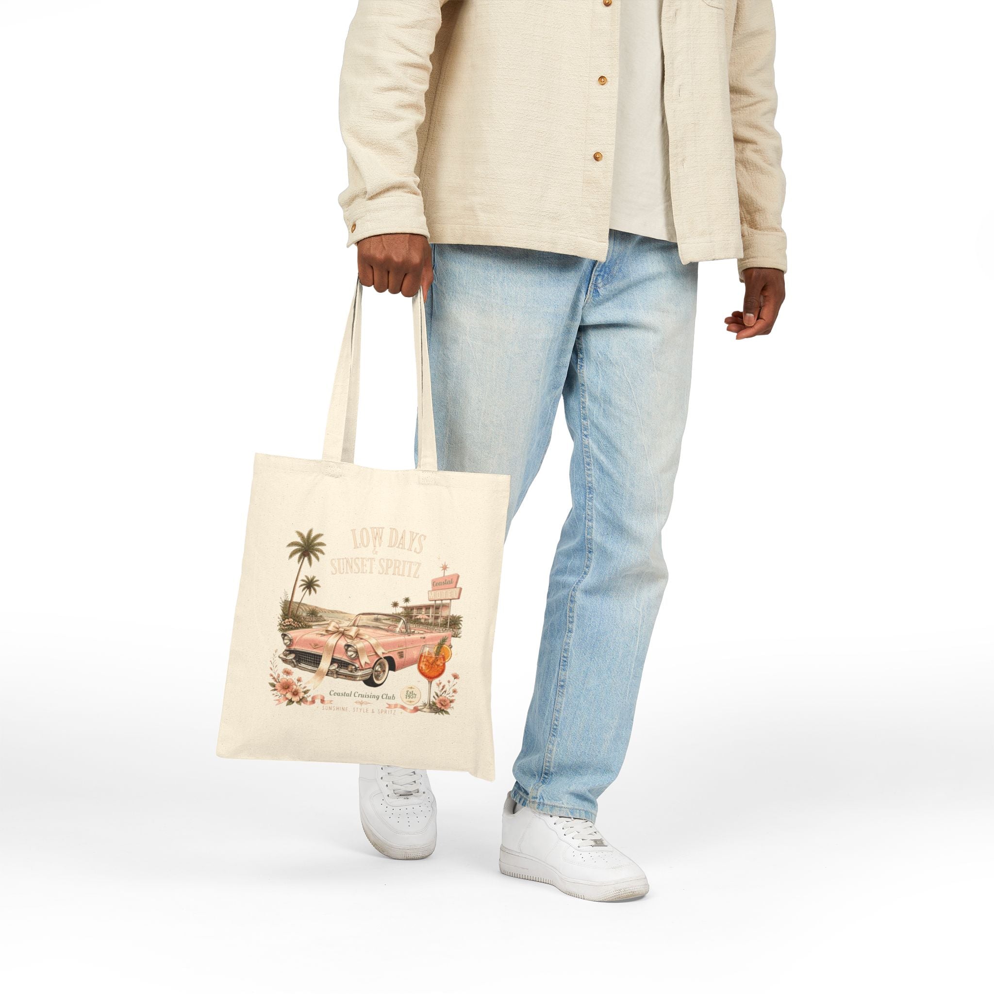 Low Days Sunset Spritz Cotton Tote Bag | Vintage Coastal Canvas Shopping Bag | Retro Beach Aesthetic Reusable Tote Gift | Cotton Canvas Tote Bag