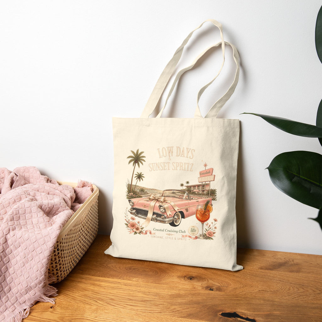 Low Days Sunset Spritz Cotton Tote Bag | Vintage Coastal Canvas Shopping Bag | Retro Beach Aesthetic Reusable Tote Gift | Cotton Canvas Tote Bag