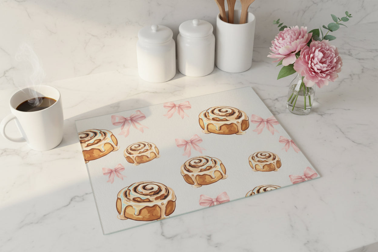Cute Cinnamon Roll Glass Cutting Board, Pink Bow Kitchen Decor, Beige