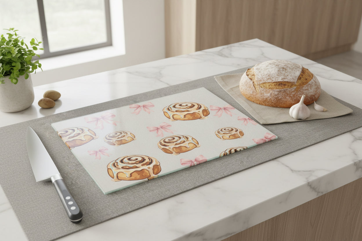 Cute Cinnamon Roll Glass Cutting Board, Pink Bow Kitchen Decor, Beige
