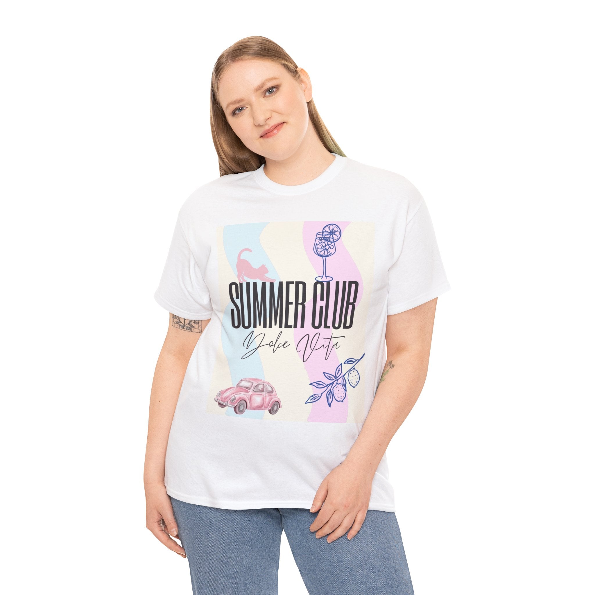 Summer Club Dolce Vita Sweatshirt – Vintage Pink Car & Lemon Graphic Crewneck, Aesthetic Cozy 
Unisex Heavy Cotton Tee