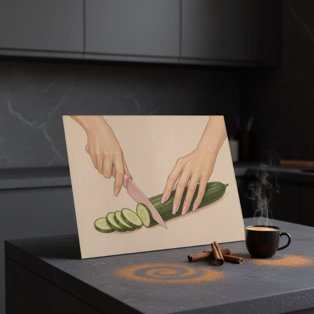 Aesthetic Personalized Glass Cutting Board – Pink Knife Cucumber Art | Modern Kitchen Decor | Glass Cutting Board