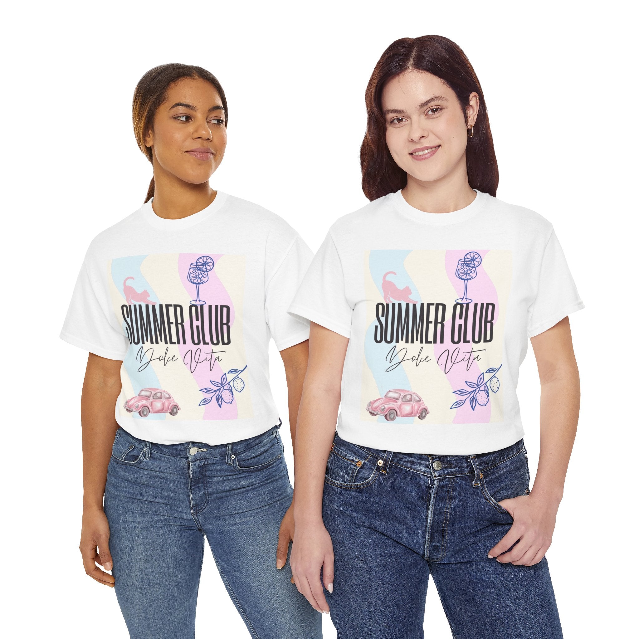 Summer Club Dolce Vita Sweatshirt – Vintage Pink Car & Lemon Graphic Crewneck, Aesthetic Cozy 
Unisex Heavy Cotton Tee