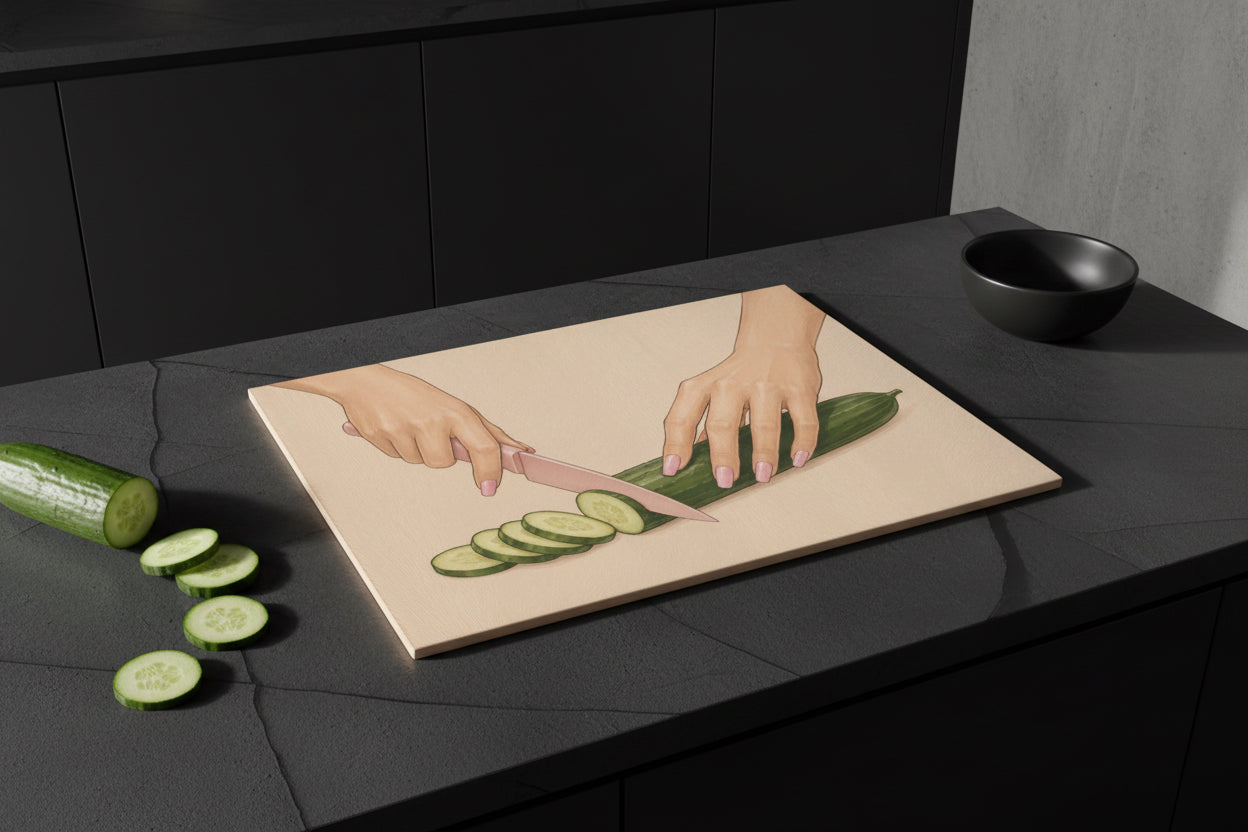 Aesthetic Personalized Glass Cutting Board – Pink Knife Cucumber Art | Modern Kitchen Decor | Glass Cutting Board