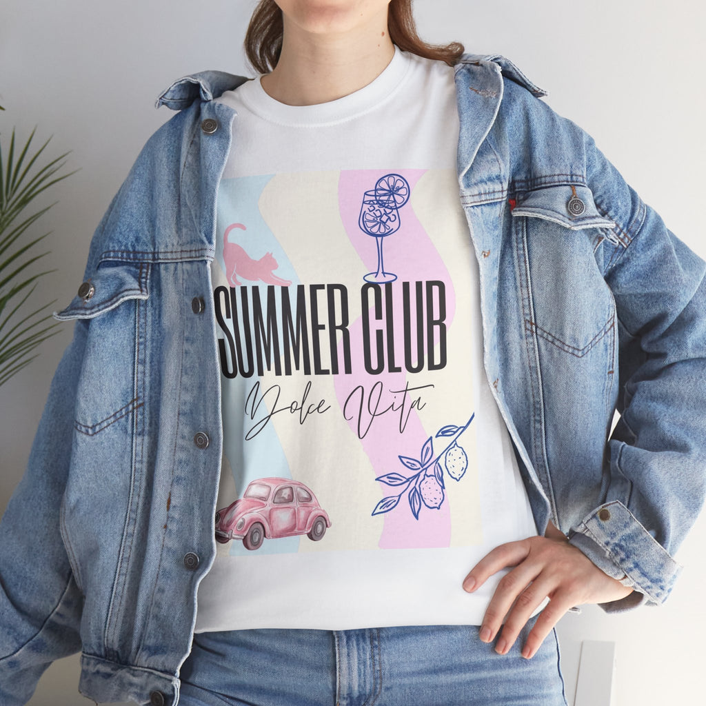 Summer Club Dolce Vita Sweatshirt – Vintage Pink Car & Lemon Graphic Crewneck, Aesthetic Cozy 
Unisex Heavy Cotton Tee