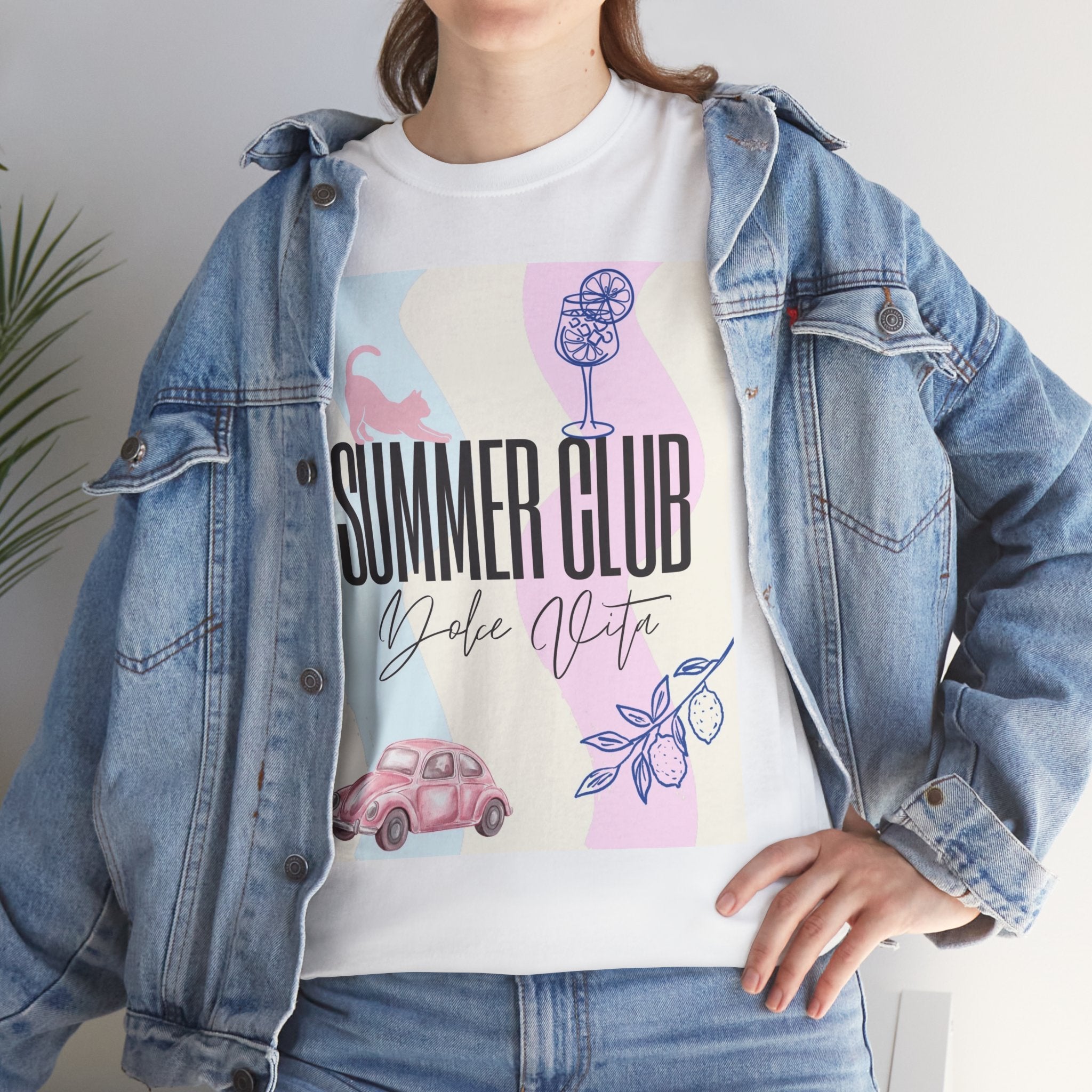 Summer Club Dolce Vita Sweatshirt – Vintage Pink Car & Lemon Graphic Crewneck, Aesthetic Cozy 
Unisex Heavy Cotton Tee