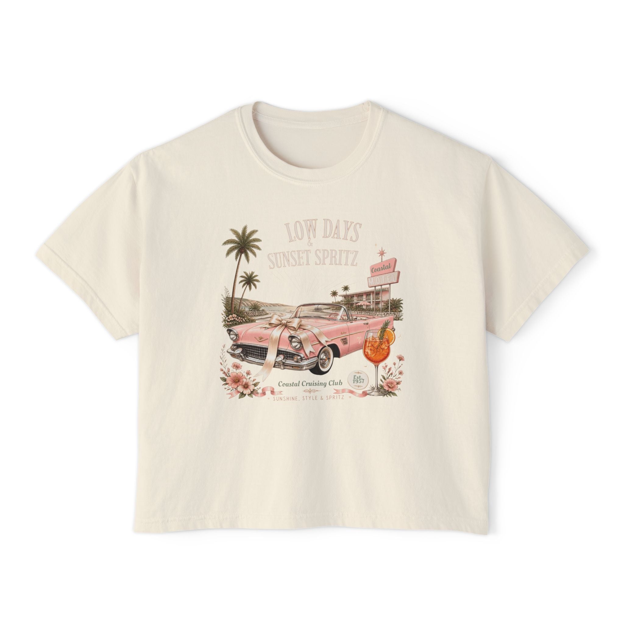 Women's Vintage Coastal Boxy Tee – Oversized Cotton T-Shirt with Retro Pink Car Graphic | Ivory
