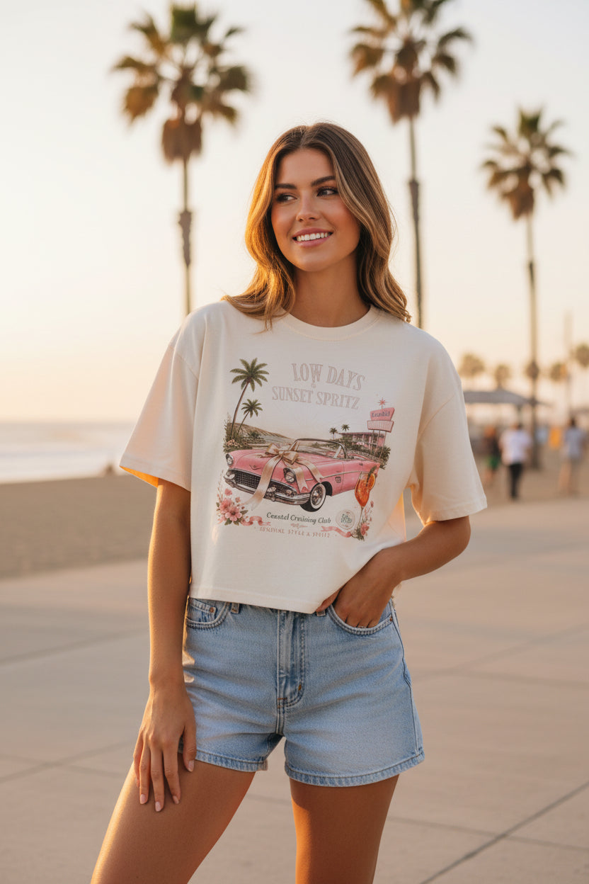 Women's Vintage Coastal Boxy Tee – Oversized Cotton T-Shirt with Retro Pink Car Graphic | Ivory