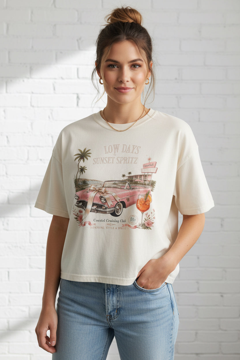 Women's Vintage Coastal Boxy Tee – Oversized Cotton T-Shirt with Retro Pink Car Graphic | Ivory