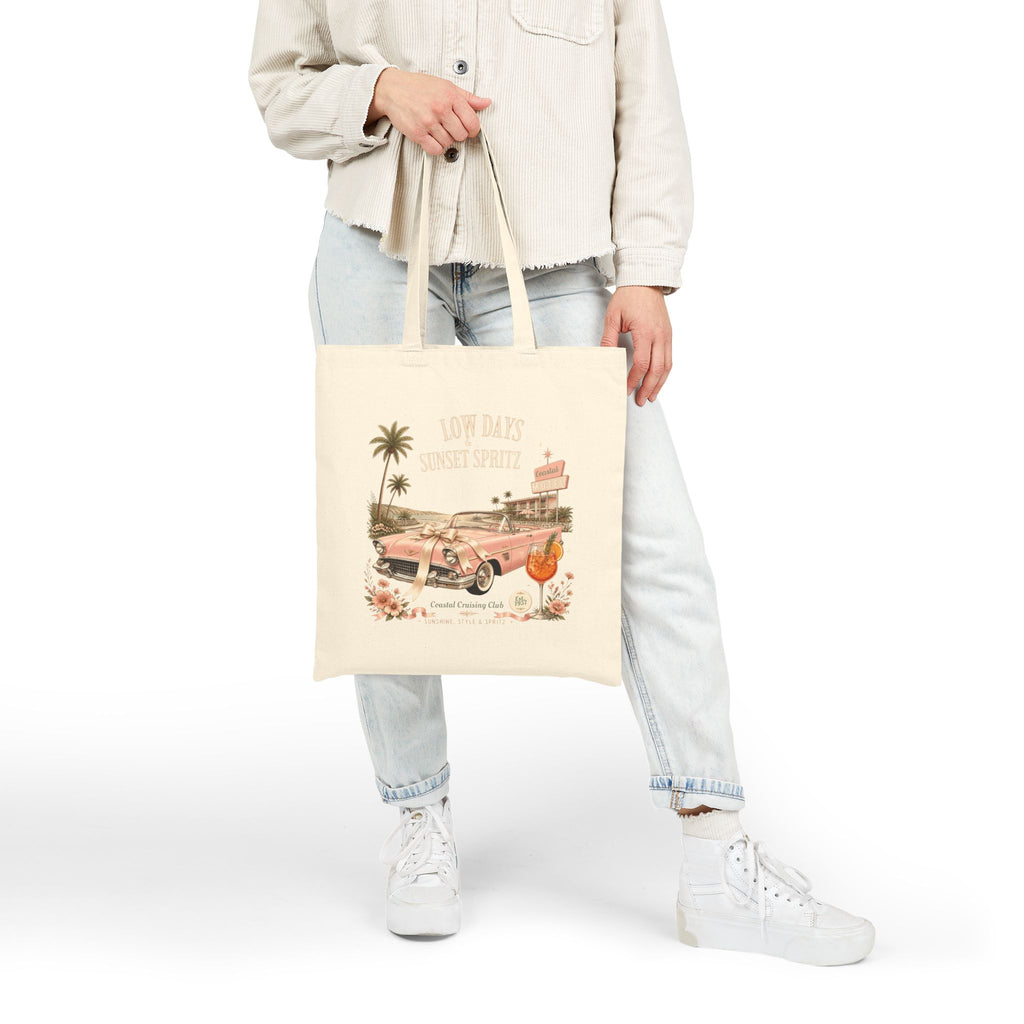 Low Days Sunset Spritz Cotton Tote Bag | Vintage Coastal Canvas Shopping Bag | Retro Beach Aesthetic Reusable Tote Gift | Cotton Canvas Tote Bag
