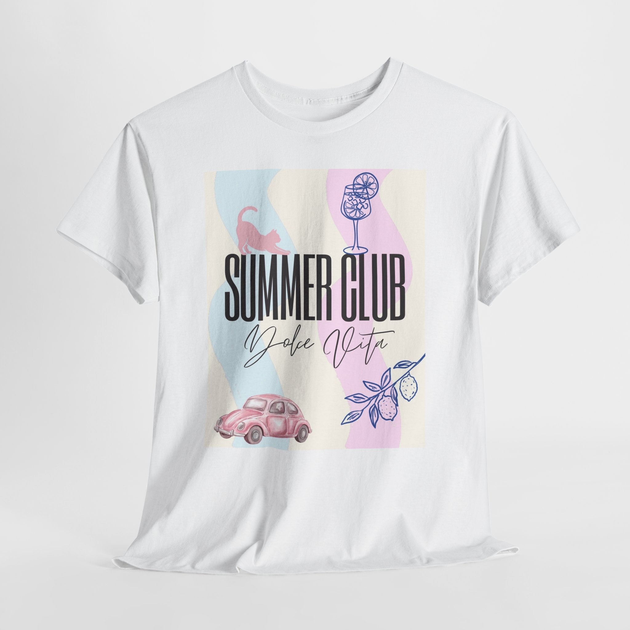 Summer Club Dolce Vita Sweatshirt – Vintage Pink Car & Lemon Graphic Crewneck, Aesthetic Cozy 
Unisex Heavy Cotton Tee