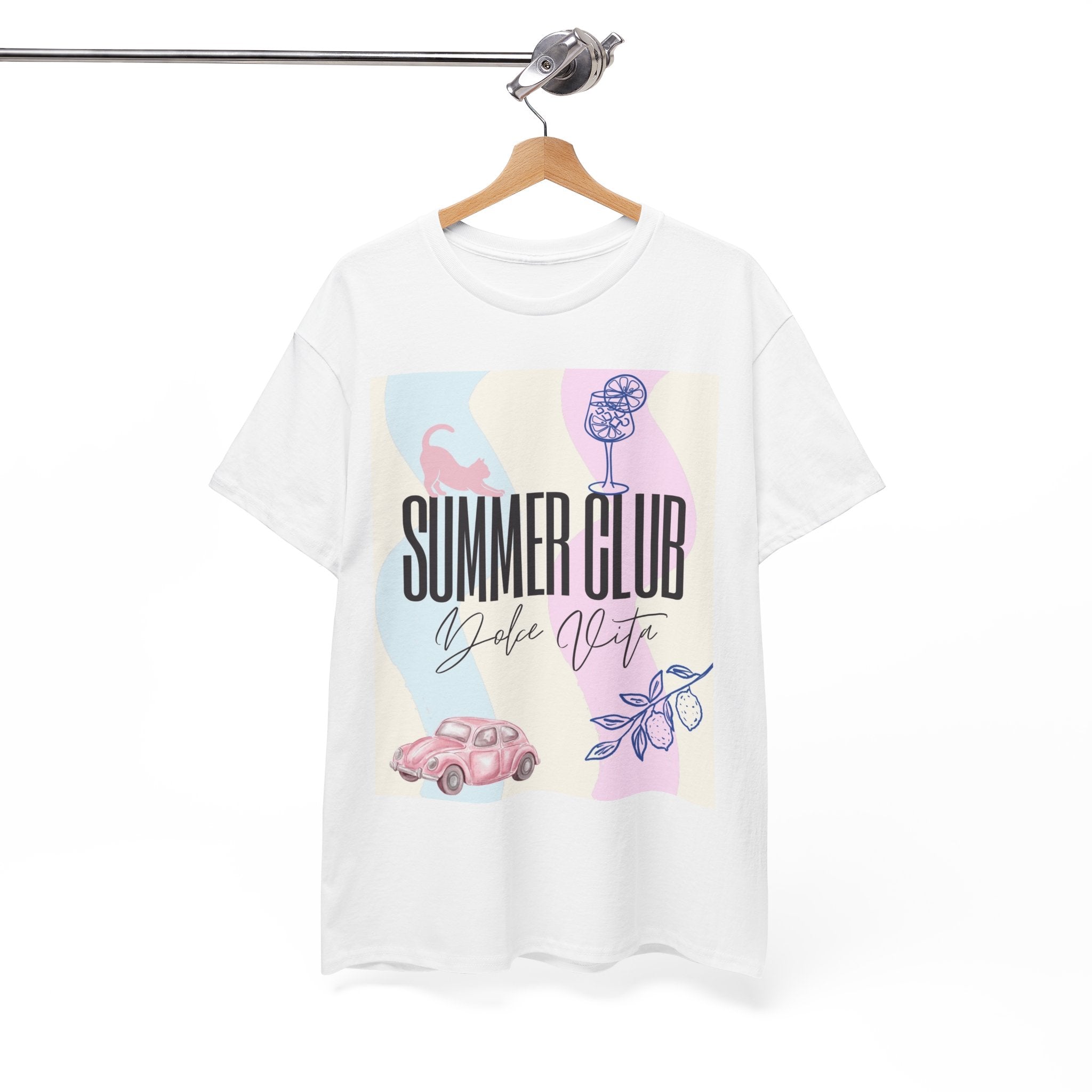 Summer Club Dolce Vita Sweatshirt – Vintage Pink Car & Lemon Graphic Crewneck, Aesthetic Cozy 
Unisex Heavy Cotton Tee