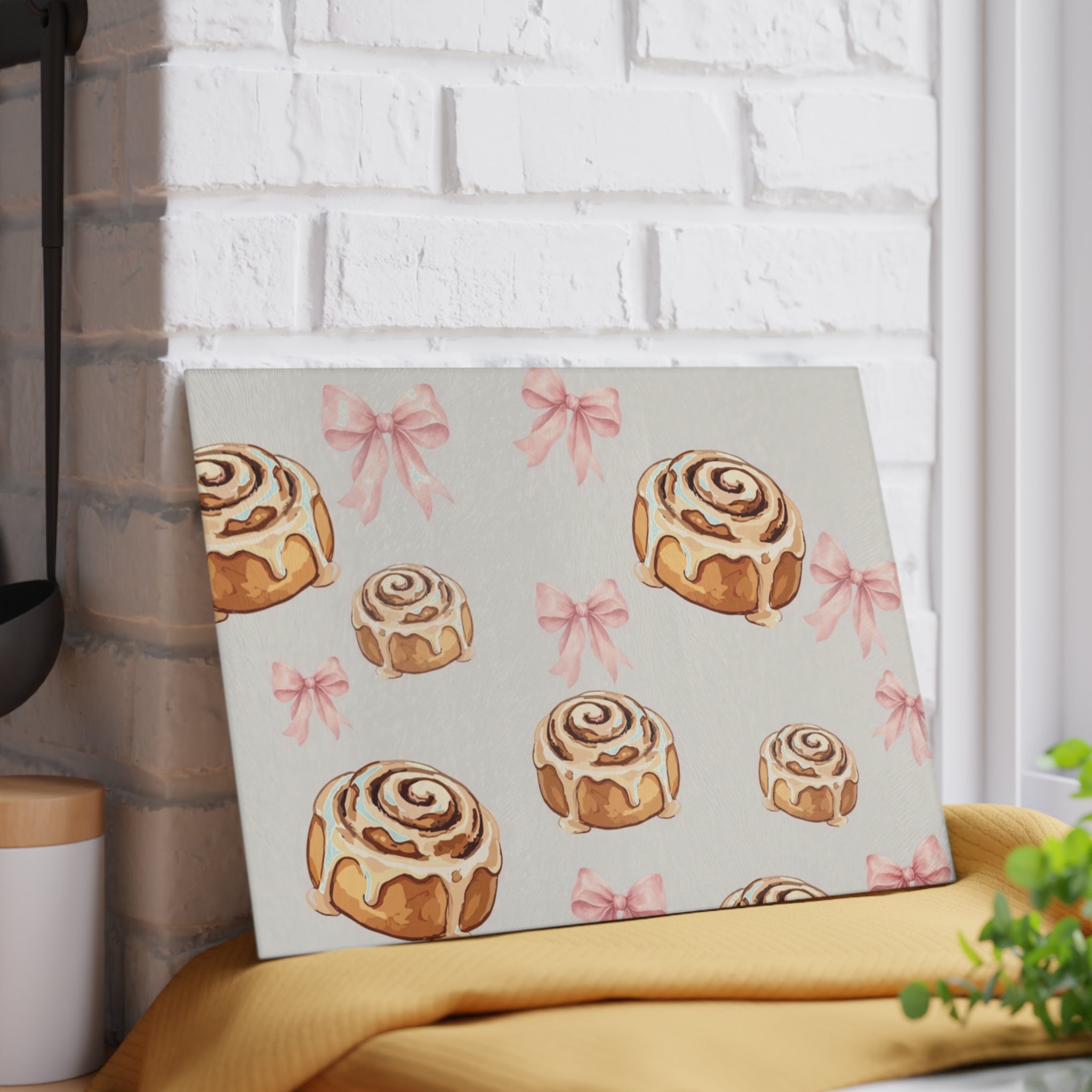 Cute Cinnamon Roll Glass Cutting Board, Pink Bow Kitchen Decor, Beige