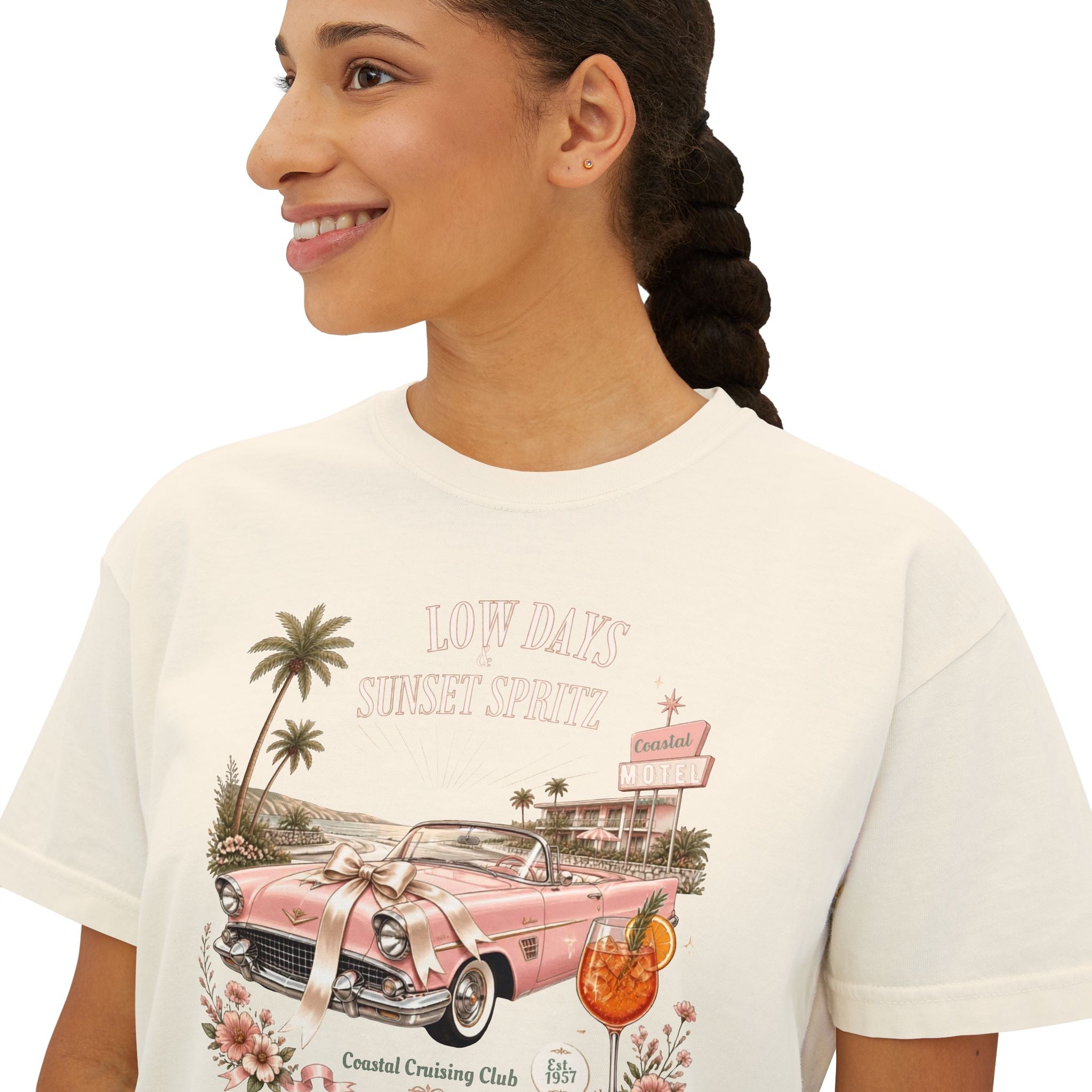 Women's Vintage Coastal Boxy Tee – Oversized Cotton T-Shirt with Retro Pink Car Graphic | Ivory