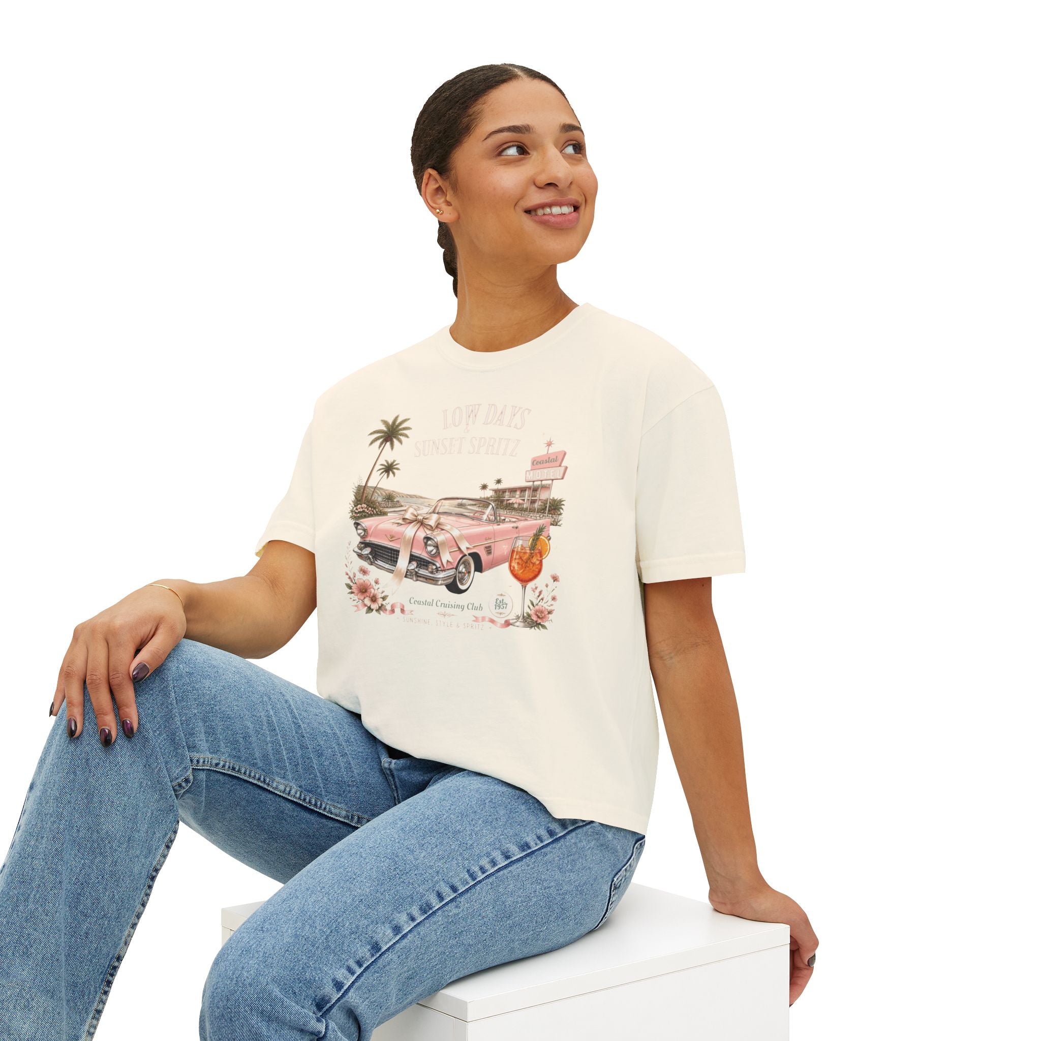Women's Vintage Coastal Boxy Tee – Oversized Cotton T-Shirt with Retro Pink Car Graphic | Ivory