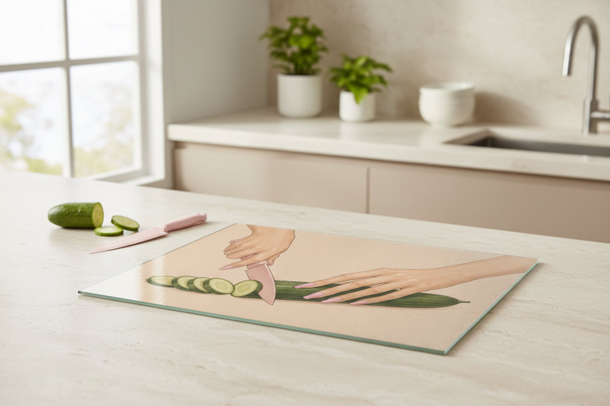 Aesthetic Personalized Glass Cutting Board – Pink Knife Cucumber Art | Modern Kitchen Decor | Glass Cutting Board