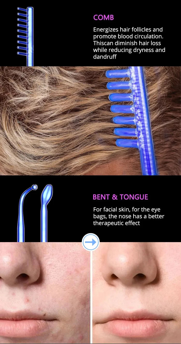 DARSONVAL Blue 6-in-1High Frequency Facial Machine For Hair Face Anti Aging Therapy Acne Tool Fusion Neon+Argon Wands Skin care