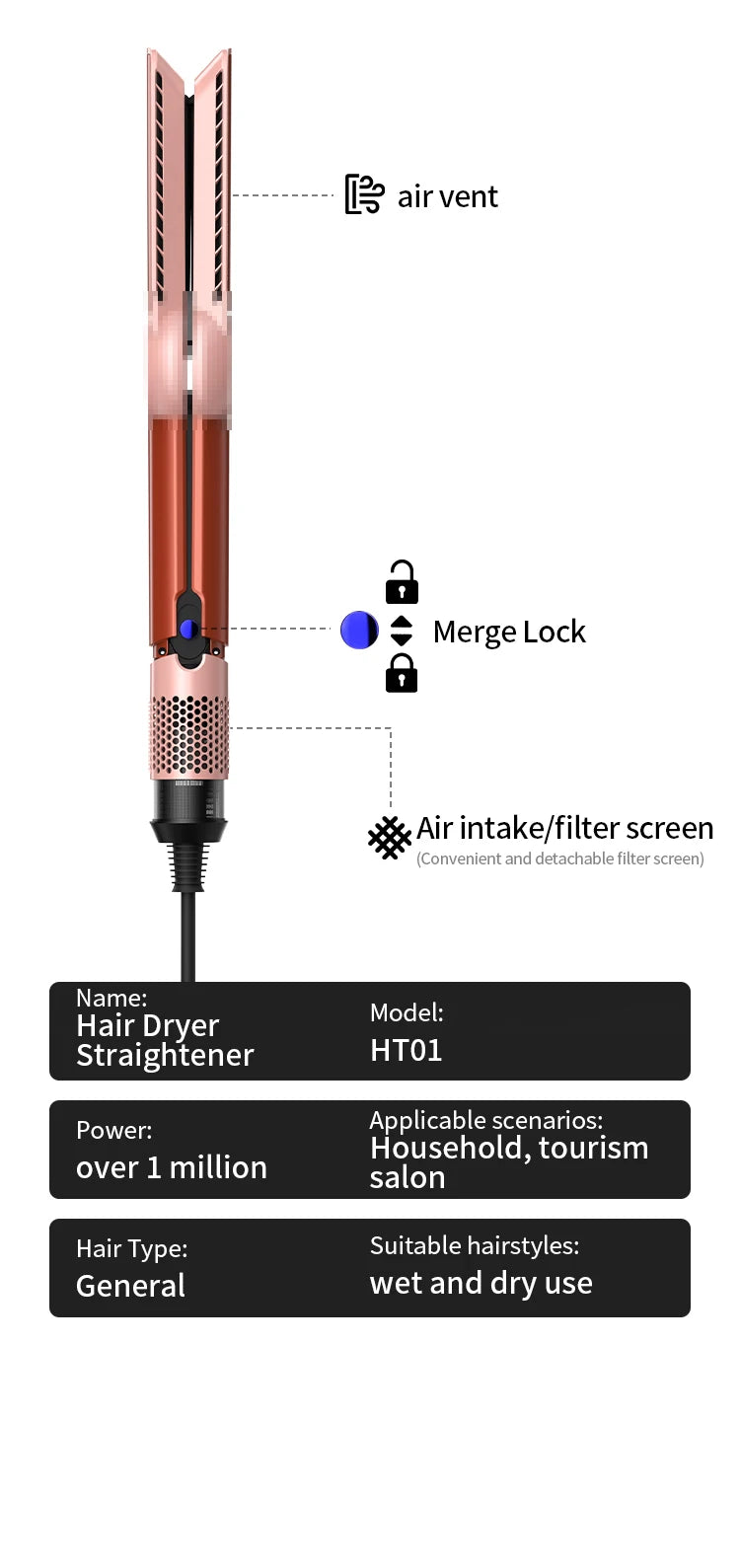 Hair straightener HT01 hair dryer Huaqiangbei straight board clamp straight hair negative ion does not damage hair dry and wet